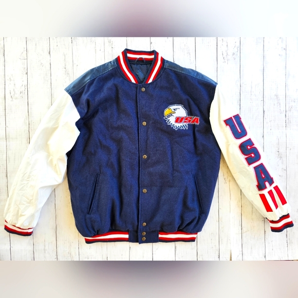 NEW Steve & Barry's Patriotic USA American Flag Eagle Leather Varsity Jacket L - Picture 8 of 16